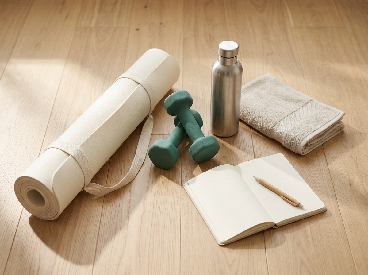Vue en plongée d'une composition still-life en lumière naturelle : un tapis de yoga roulé enroulé d'une sangle, deux haltères légers, une bouteille d'eau en métal, une serviette de sport pliée, un carnet ouvert et un stylo posés sur un parquet bois clair