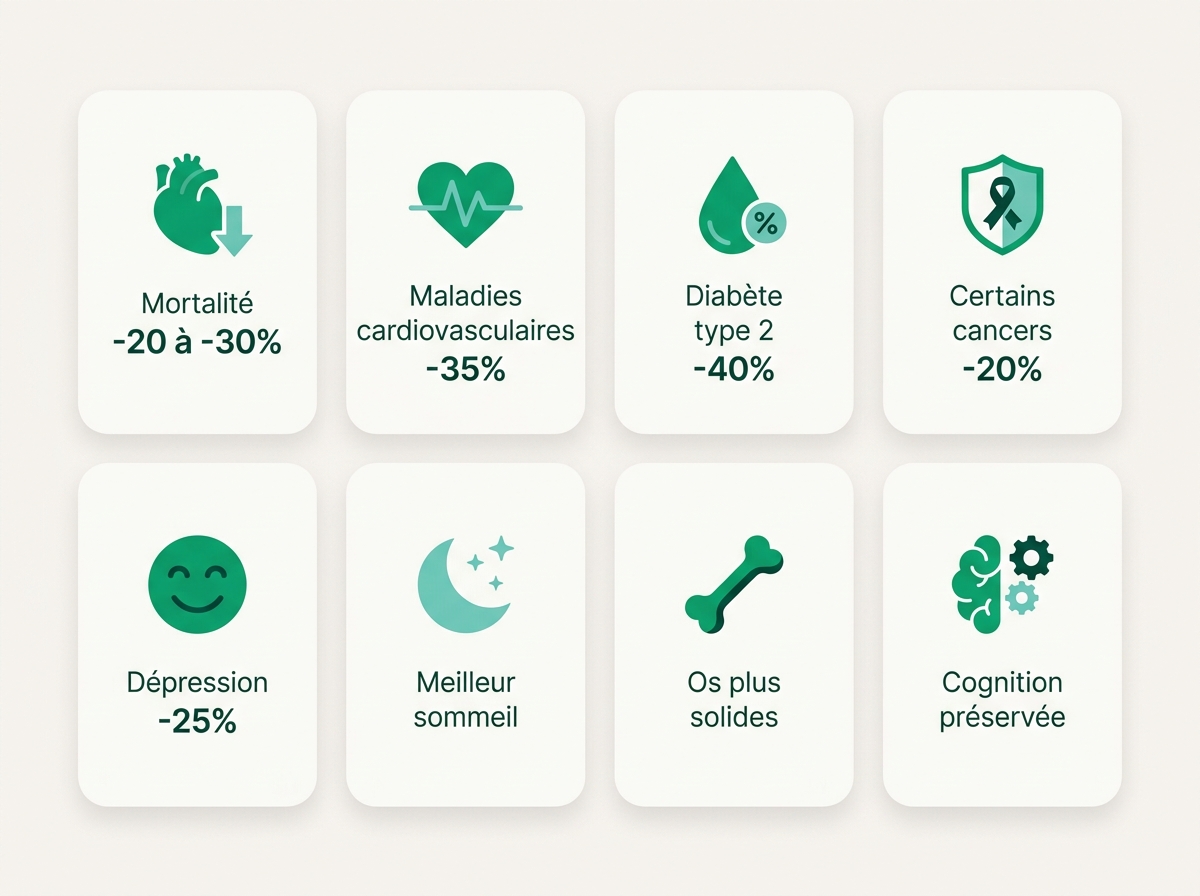 Infographie des bénéfices documentés de l'activité physique régulière : mortalité, cœur, diabète, cancer, humeur, sommeil, os