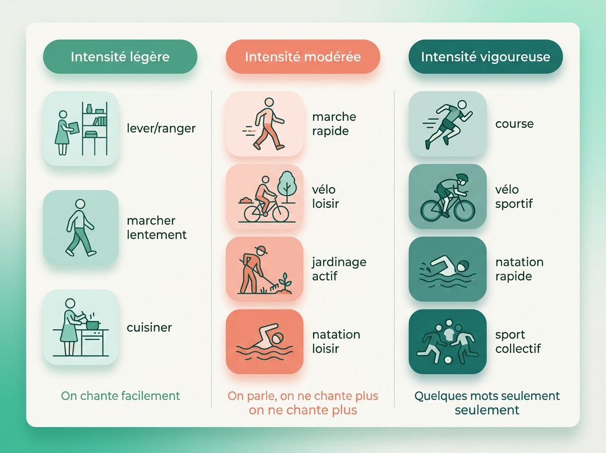Infographie comparant les intensités d'activité physique : légère, modérée, vigoureuse, avec exemples et test de la parole