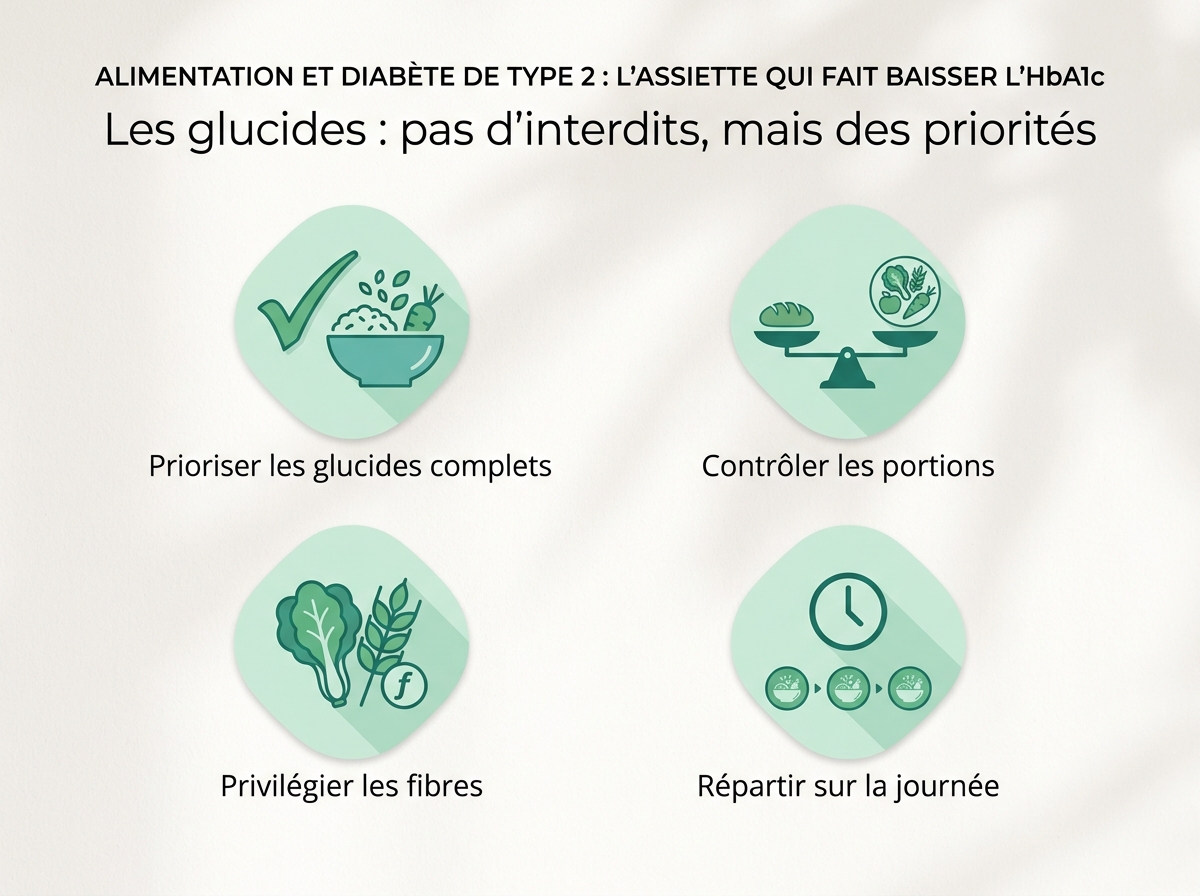 Infographie illustrant les points clés de la section « Les glucides : pas d'interdits, mais des priorités »