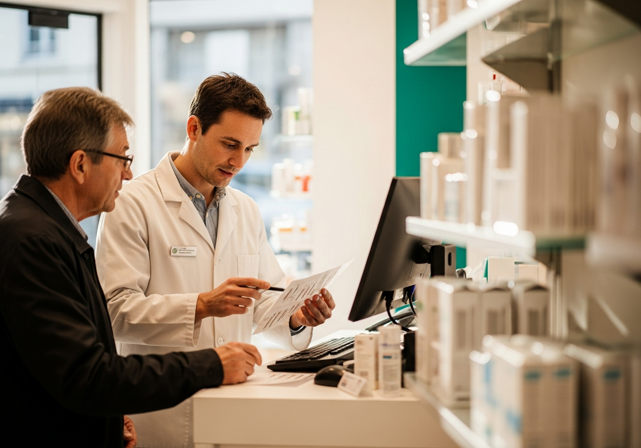 Pharmacien en blouse blanche expliquant un traitement à un patient adulte au comptoir d'une officine lumineuse