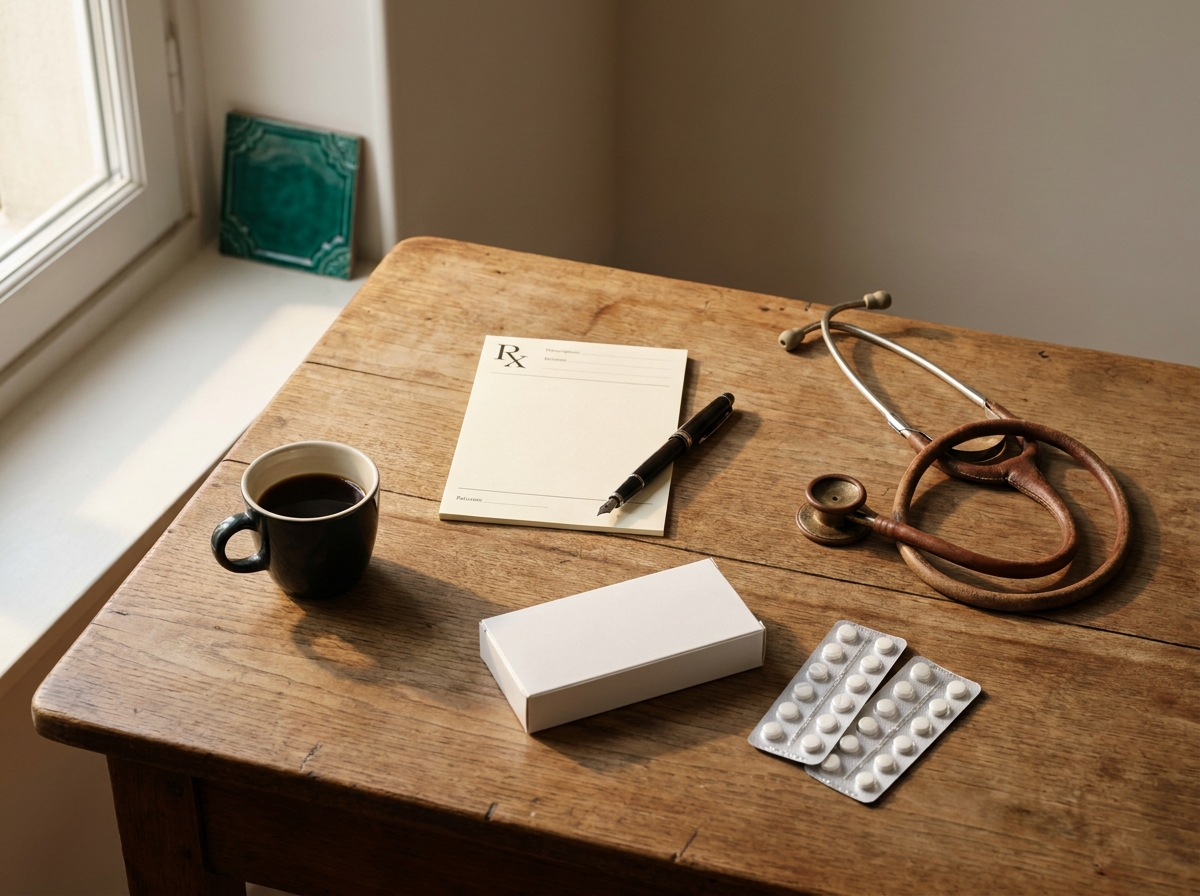 Vue still-life en plongée d'un bureau de cabinet médical avec un stéthoscope plié, un bloc d'ordonnances vierges, un stylo plume, une boîte pharmaceutique anonyme posée à plat, des plaquettes blister sans marque visible, une tasse de café noir, lumière naturelle douce d'une fenêtre latérale, atmosphère professionnelle et soignée d'un cabinet médical de ville
