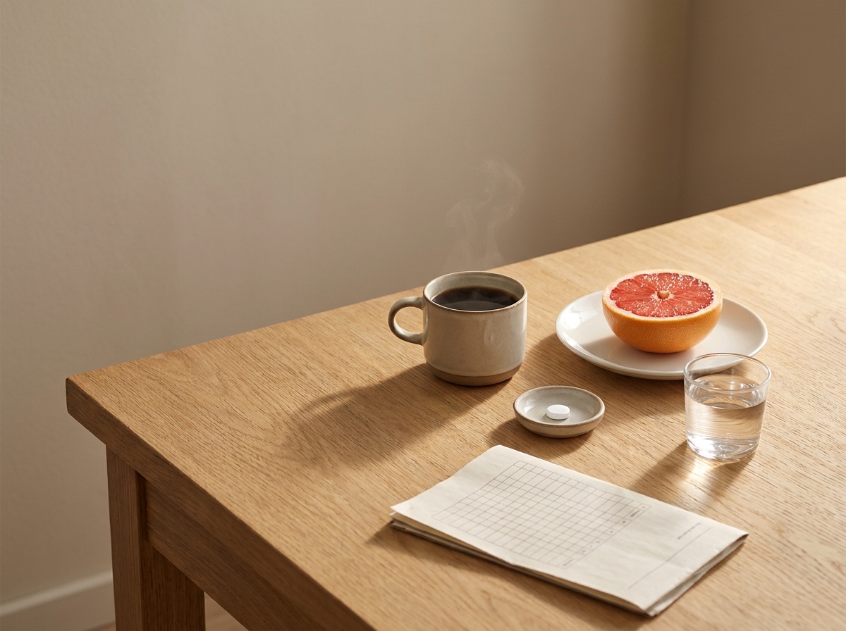 Vue still-life en plongée d'un coin de table de cuisine en bois clair au matin avec une tasse de café fumante, une petite assiette en céramique contenant une pilule blanche posée à côté, un verre d'eau, un demi-pamplemousse, une feuille pliée portant ce qui semble être un planning, lumière dorée chaude de fin de matinée par une fenêtre latérale, atmosphère engagée et apaisée d'une routine matinale soignée