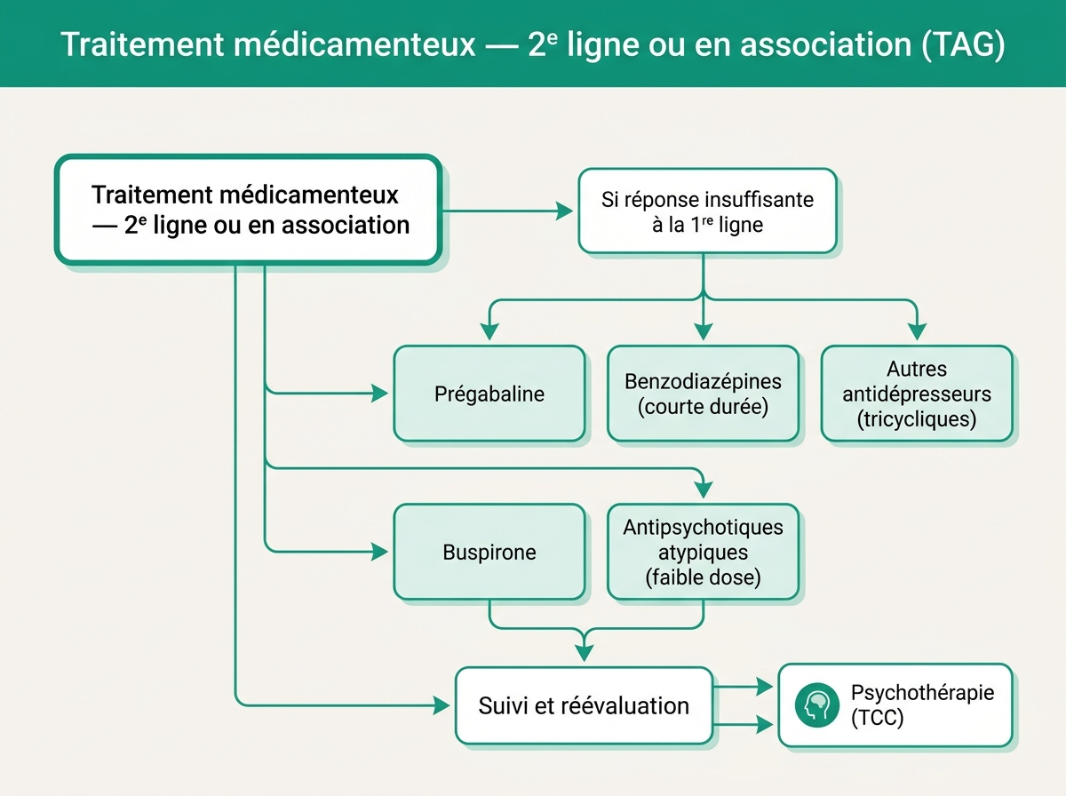 Schéma médical illustrant « Traitement médicamenteux — 2e ligne ou en association »