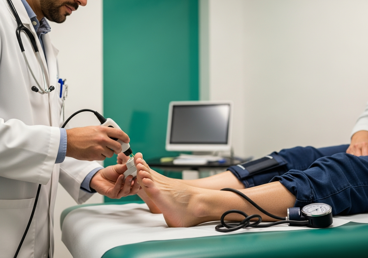 Médecin vasculaire examinant les pieds d'un patient assis sur une table d'examen, sonde Doppler de poche en main