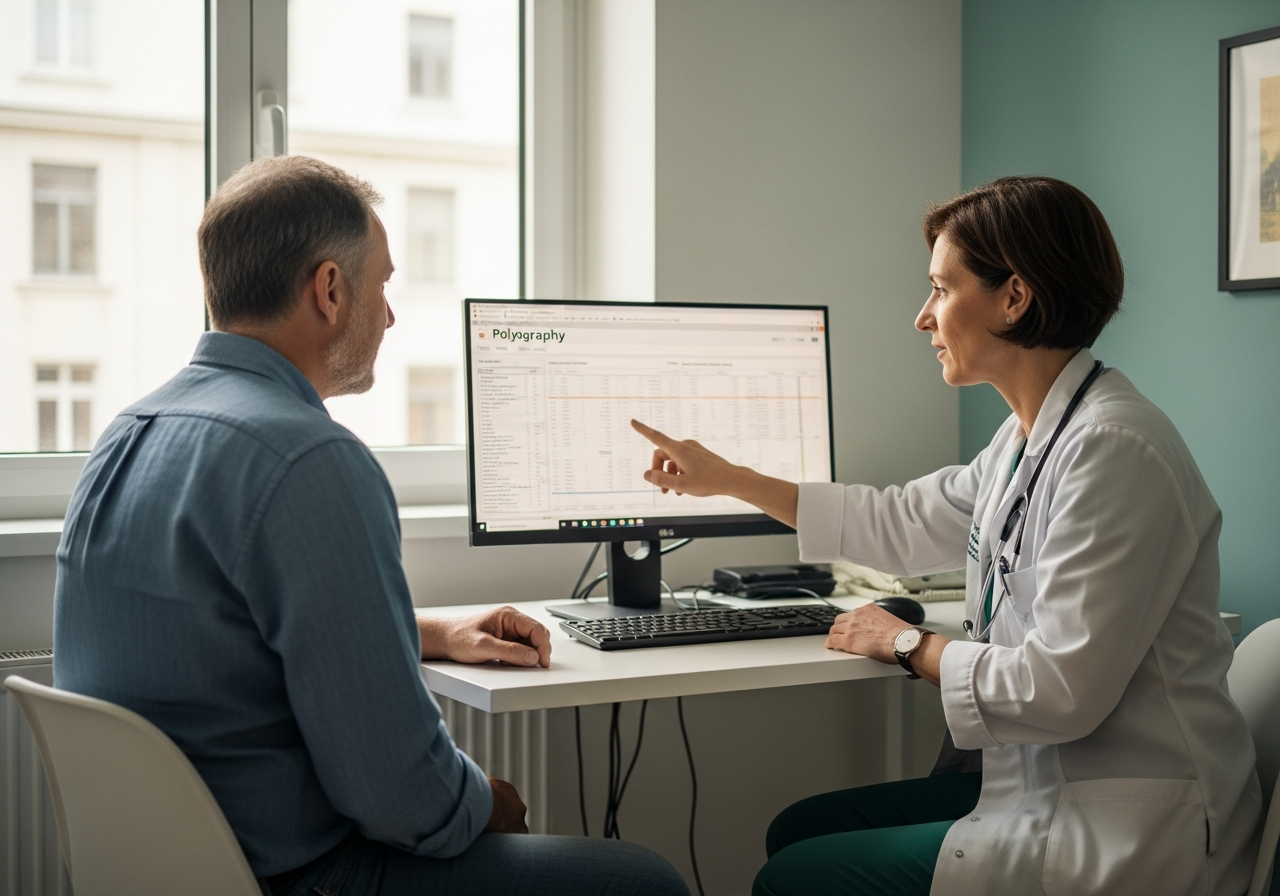 Patient en consultation avec un pneumologue spécialiste du sommeil qui examine un rapport de polygraphie sur un écran