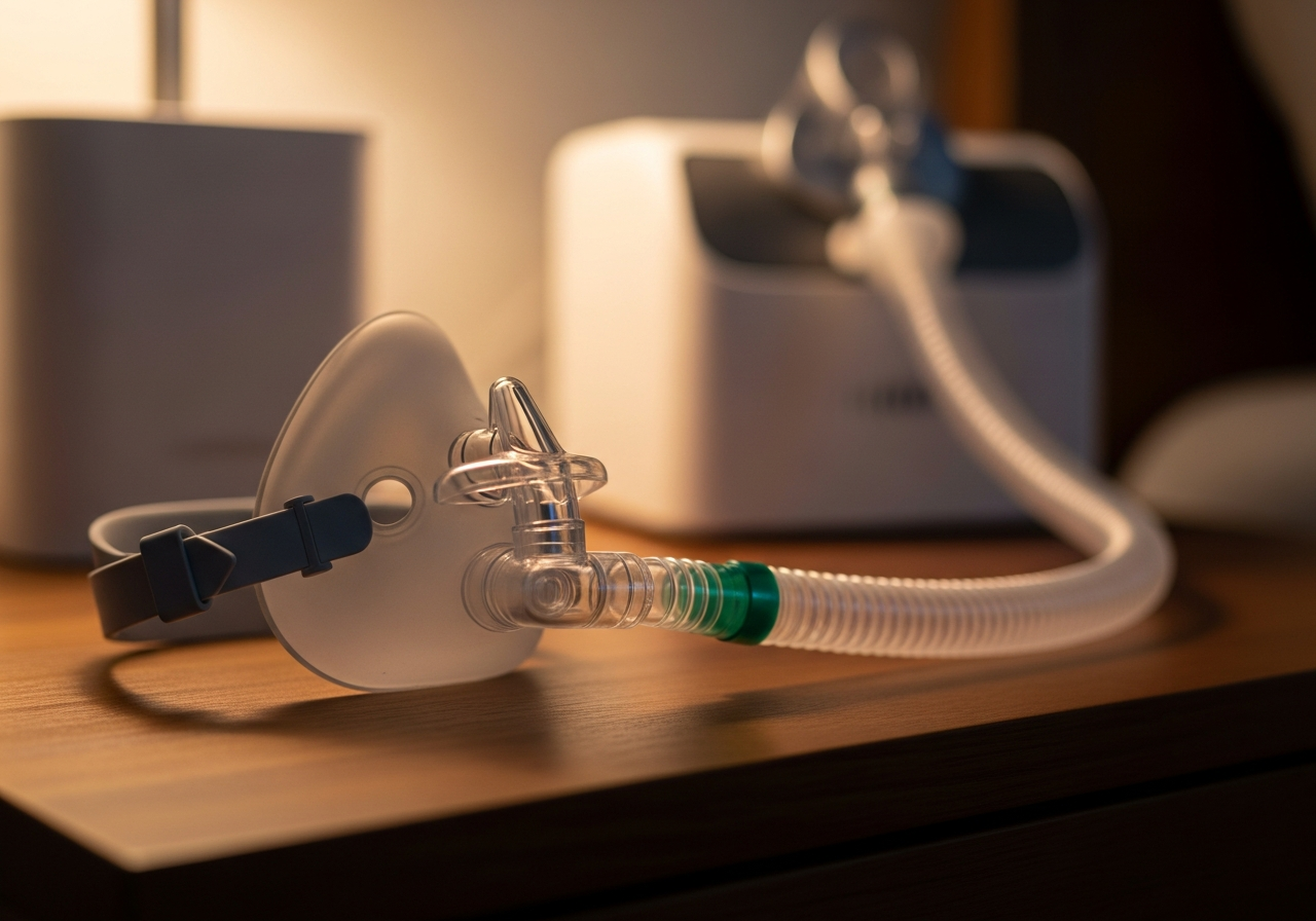 Gros plan d'un masque nasal de PPC posé sur une table de chevet en bois, tuyau flexible et machine CPAP en arrière-plan
