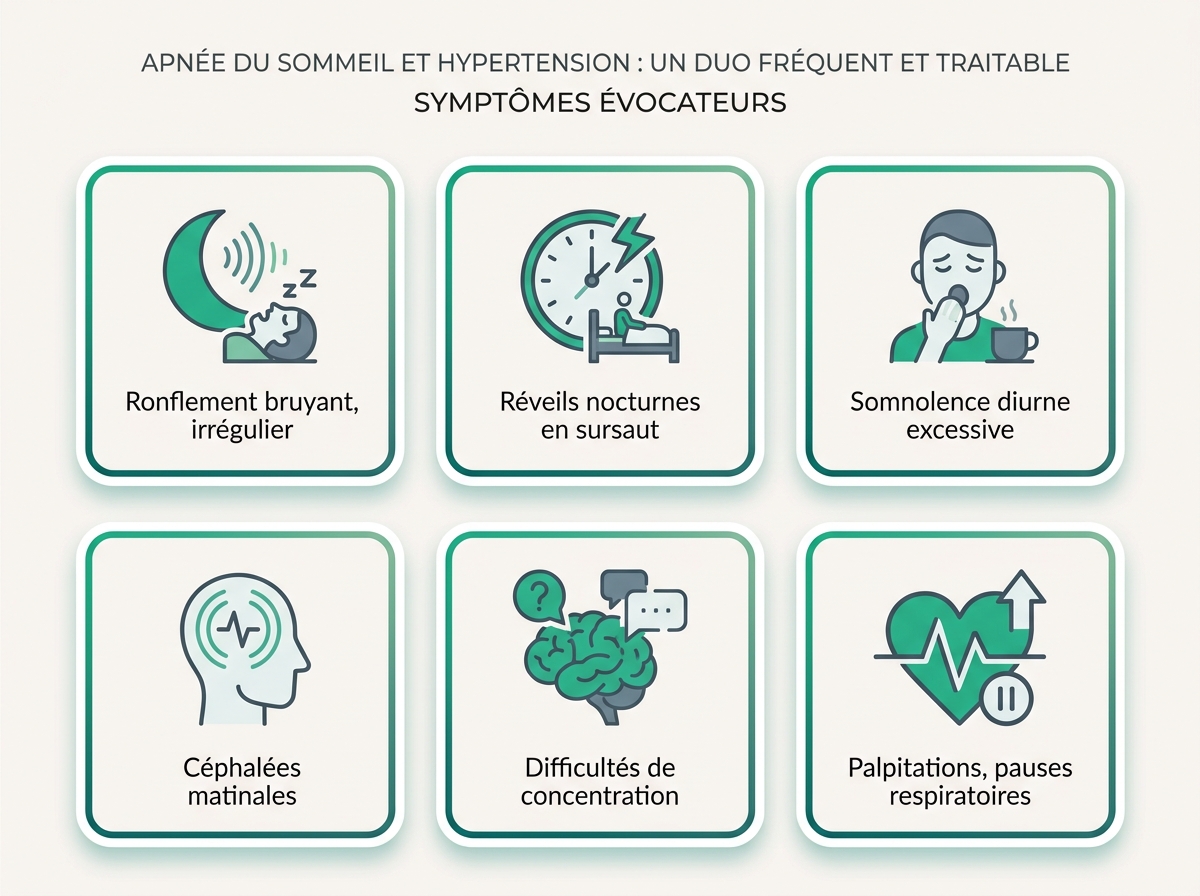 Infographie illustrant les points clés de la section « Symptômes évocateurs »
