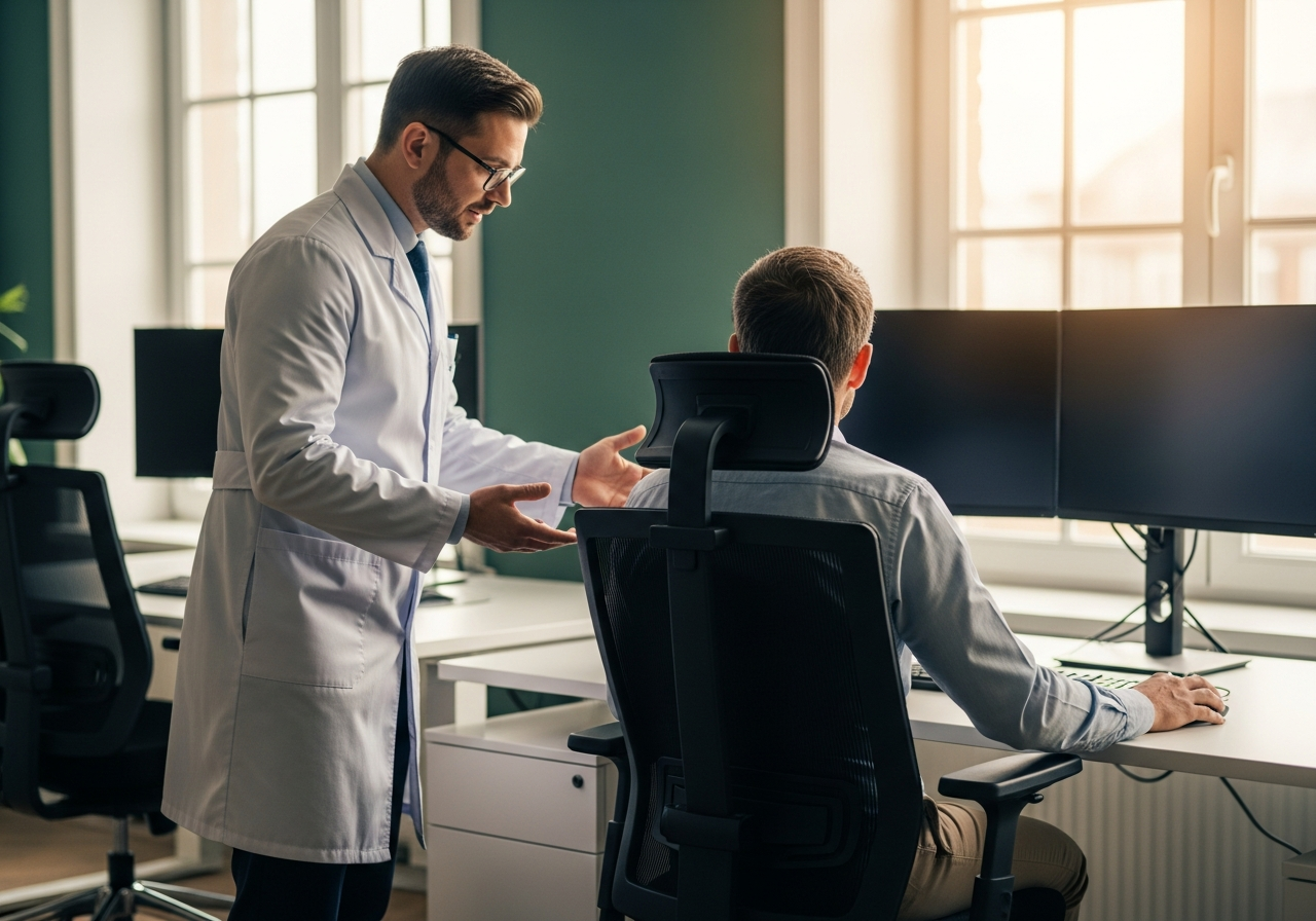 Médecin du travail examinant les contraintes d'un poste de travail avec un salarié, discussion autour d'aménagements ergonomiques
