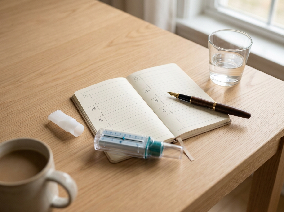 Carnet de suivi asthme ouvert avec colonnes de peak-flow matin/soir, débitmètre de pointe en plastique et stylo sur une table de salle à manger