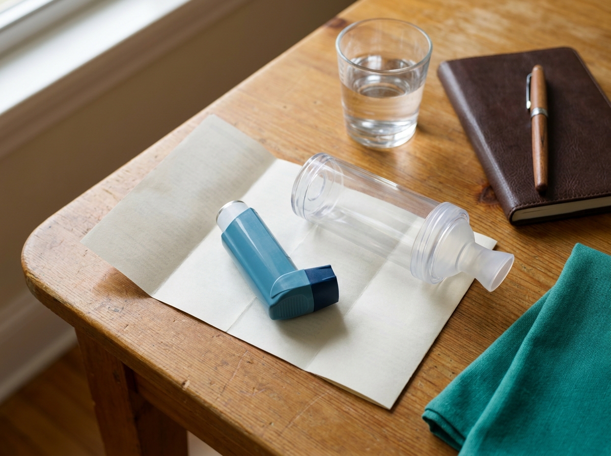 Aérosol-doseur bronchodilatateur bleu et chambre d'inhalation transparente posés sur une table de cuisine à côté d'un verre d'eau et d'un carnet clinique