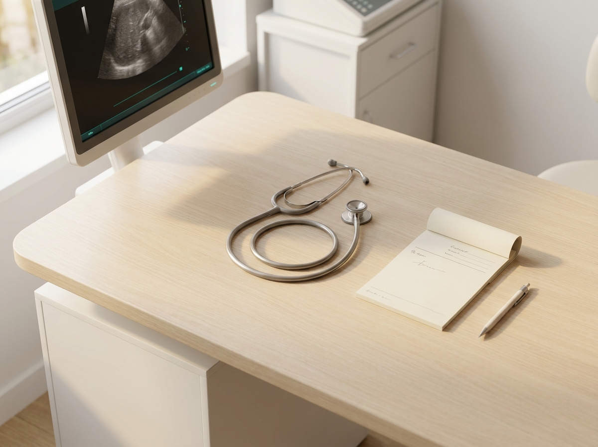 Vue plongeante d'un bureau de consultation médicale avec stéthoscope, ordonnance ouverte, stylo, et écran d'échographie partiellement visible, lumière naturelle douce