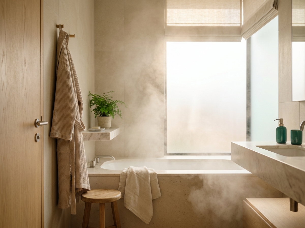 Salle de bain minimaliste embuée après la douche, lumière naturelle douce filtrant à travers un store, peignoir suspendu sur la porte