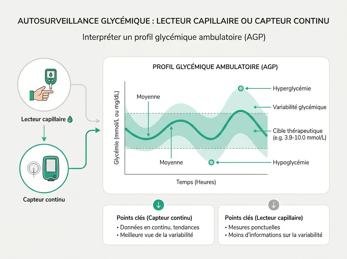 Schéma médical illustrant « Interpréter un profil glycémique ambulatoire (AGP) »