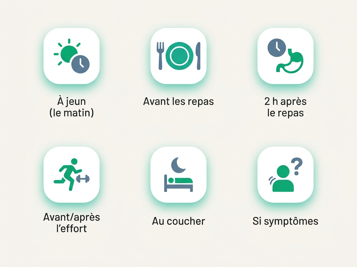 Infographie illustrant les points clés de la section « Quand et combien de glycémies capillaires »
