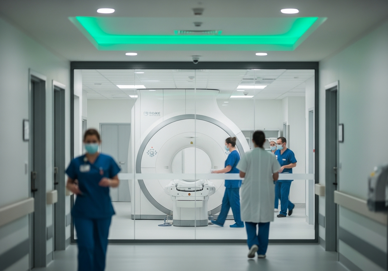 Couloir d'une unité neurovasculaire hospitalière avec salle d'IRM en arrière-plan et équipe médicale en blouse