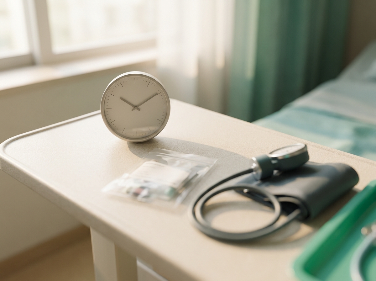 Vue rapprochée d'une horloge murale analogique posée à côté d'un sachet médicamenteux générique et d'un brassard de tensiomètre déroulé sur une table claire d'unité de soins, lumière naturelle douce