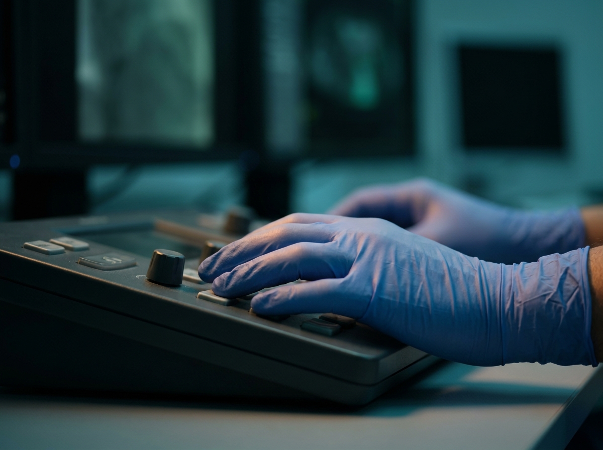 Vue rapprochée d'une main gantée d'un radiologue interventionnel sur la console de commande d'une salle d'angiographie, écran de contrôle abstrait visible légèrement flou en arrière-plan, lumière tamisée