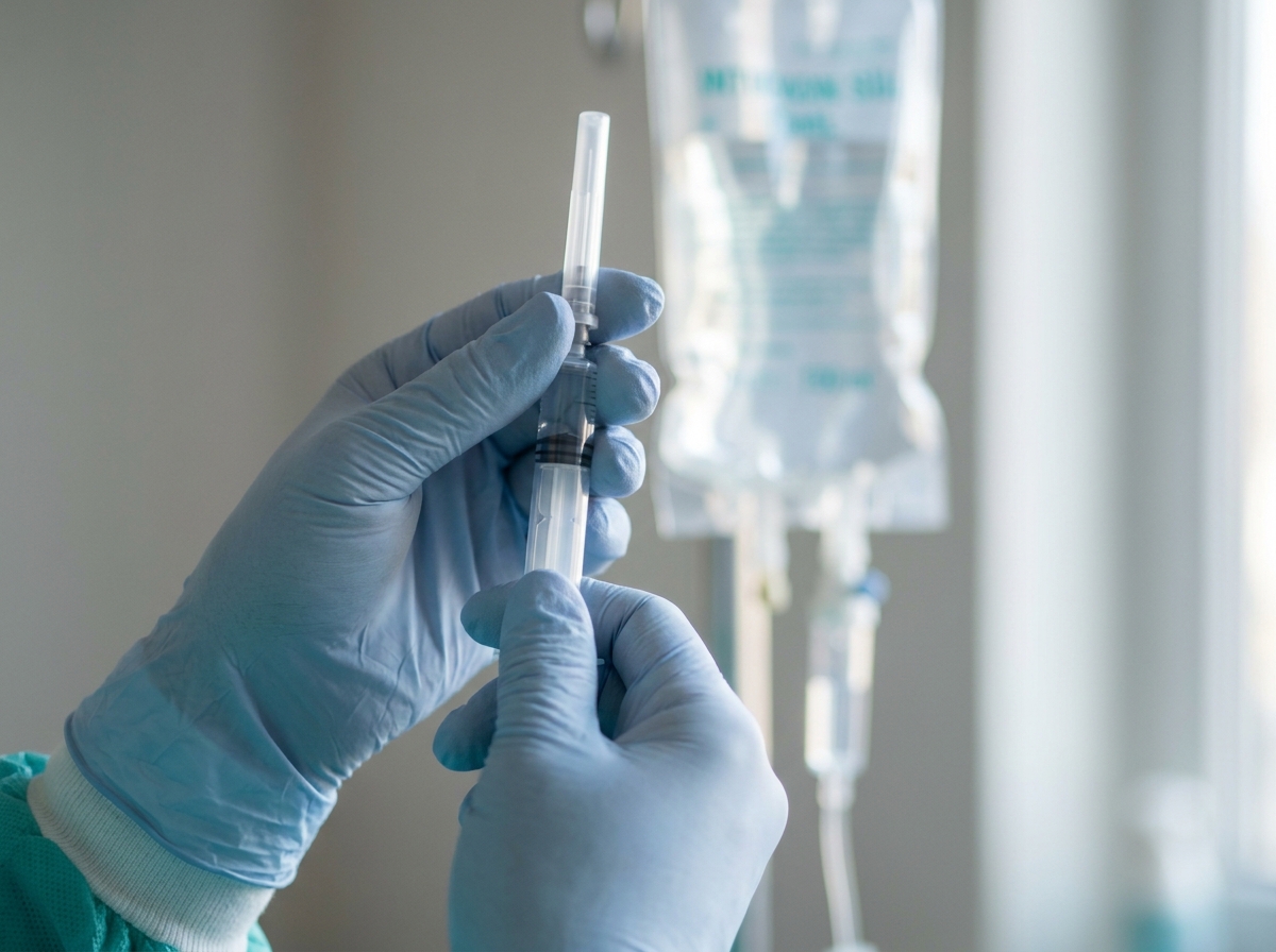Vue rapprochée des mains gantées d'un soignant tenant une seringue préparée à côté d'un sachet de perfusion suspendu, lumière clinique douce, aucun visage visible