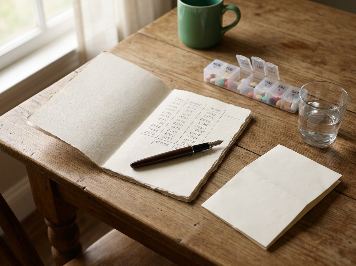 Carnet de suivi d'anticoagulation ouvert sur une table en bois avec colonnes vides, stylo plume, pilulier hebdomadaire et verre d'eau à proximité