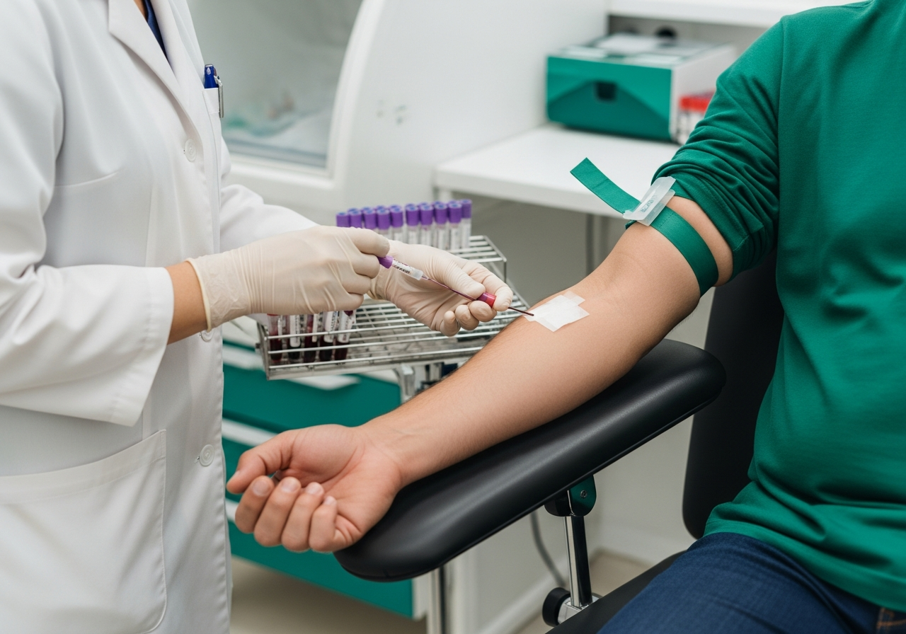 Technicien de laboratoire réalisant un prélèvement sanguin pour contrôle INR chez un patient sous AVK