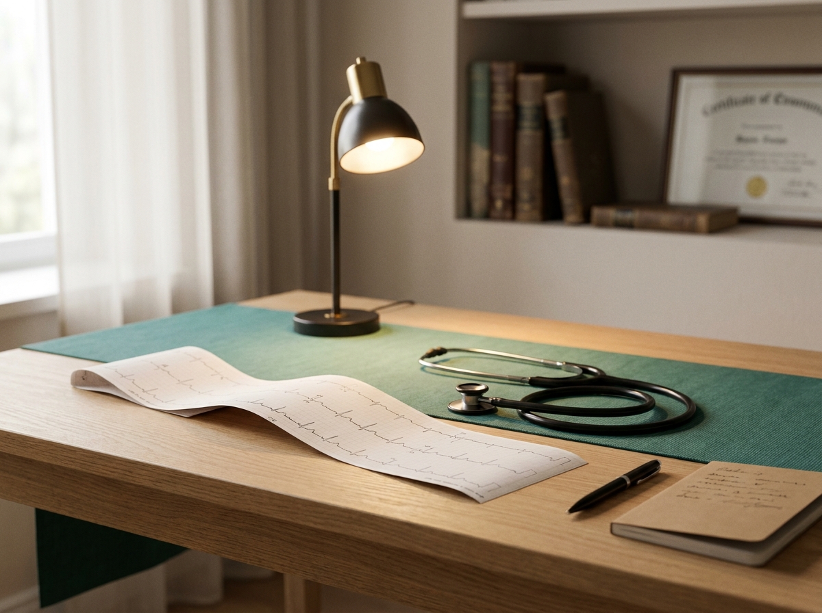 Vue still-life d'un bureau de cardiologie avec une bande de tracé ECG papier 12 dérivations posée sur le bureau (motif de tracé sans texte lisible ni nom de patient), un stéthoscope noir replié à côté, un stylo bille et un carnet ouvert, une lampe de bureau allumée, lumière douce, vue de trois-quarts