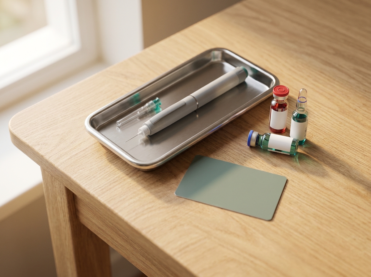 Vue still-life d'un plateau médical avec un stylo injecteur pré-rempli d'insuline ou d'agoniste GLP-1 (sans étiquette lisible), une aiguille fine montée sur cartouche, deux ampoules de médicament génériques (bouchons rouge et bleu), une carte vitale plastique gris-vert sans identifiant lisible, sur table en bois clair, lumière naturelle douce, vue de dessus