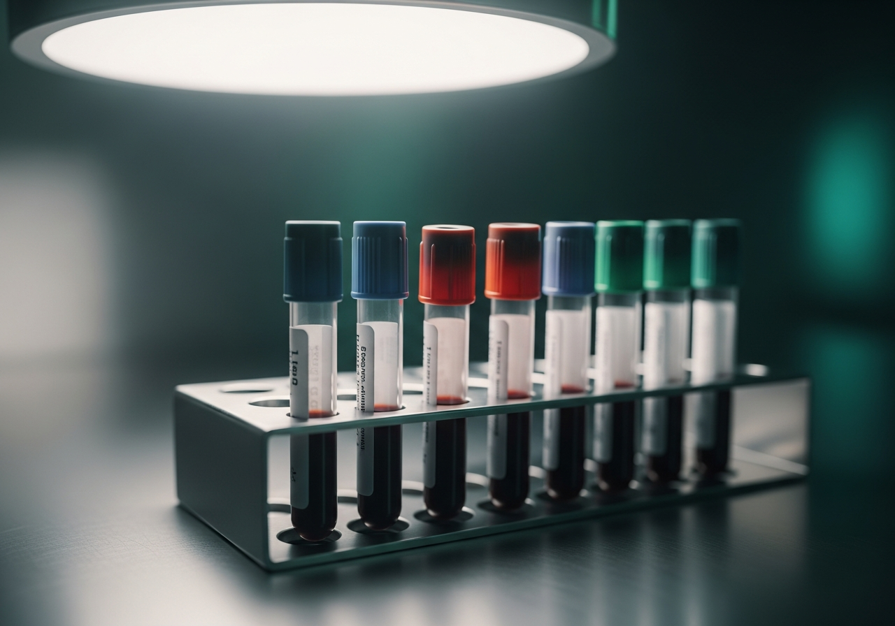 Tubes de prélèvement sanguin étiquetés posés sur un portoir de laboratoire dans un cadre clinique