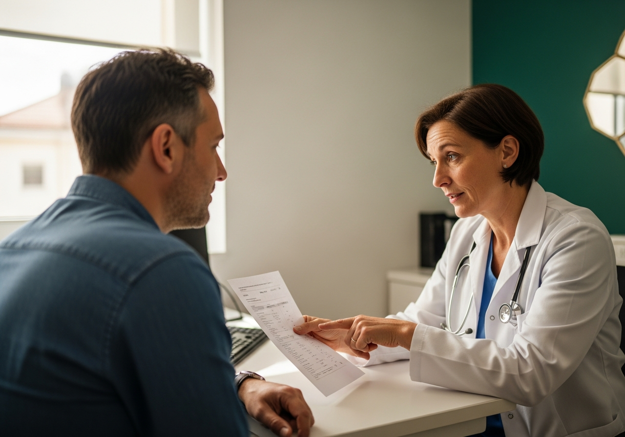 Médecin généraliste commentant un bilan lipidique à un patient d'âge moyen dans un cabinet lumineux