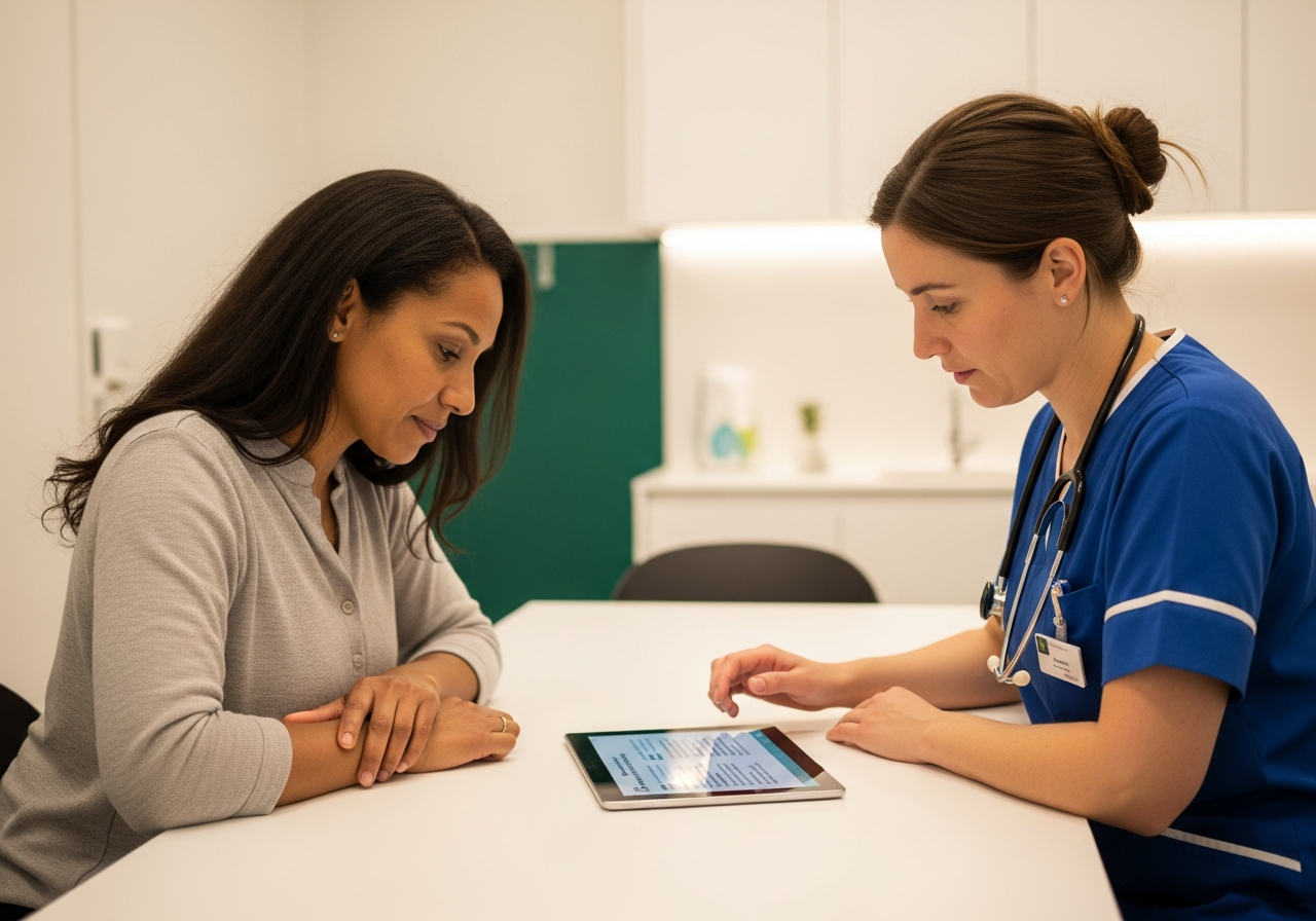 Patiente de 45 ans en consultation avec une infirmière qui remplit le questionnaire Mon Bilan Prévention sur une tablette