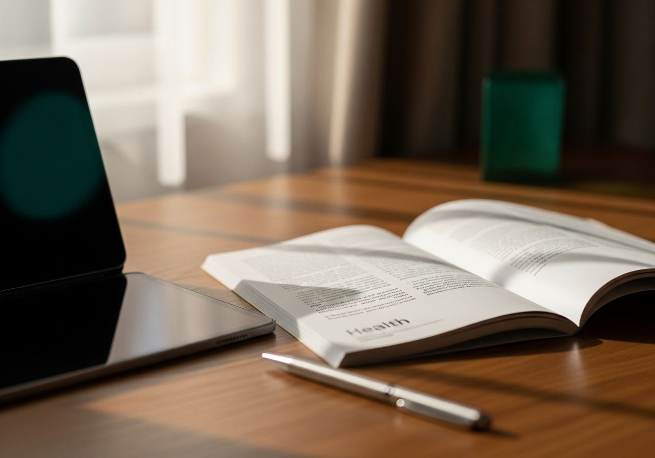 Tablette numérique et carnet de santé posés sur une table, préparation d'une consultation préventive