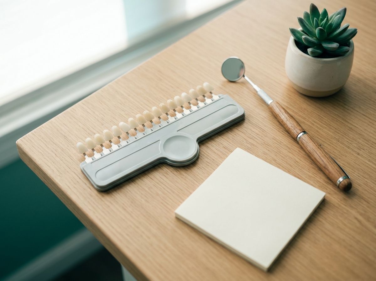 Échelle de teintes Vita composée de tablettes disposées en éventail sur un plan de cabinet dentaire avec miroir d'examen et carnet de suivi