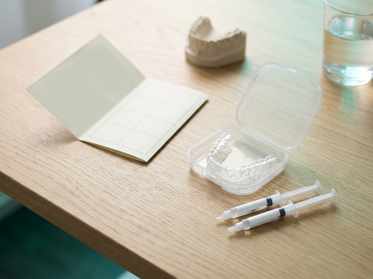 Gouttière de blanchiment sur mesure transparente dans son étui avec seringues de peroxyde gel et mode d'emploi posés sur un plan propre