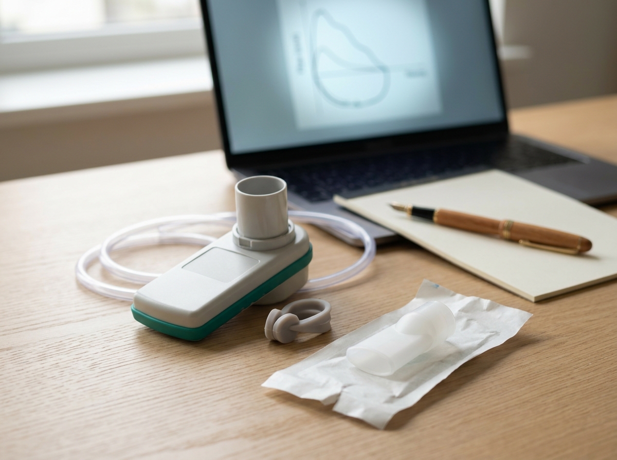 Spiromètre portable et pince-nez posés sur un plan de consultation avec ordinateur affichant la courbe débit-volume d'un patient