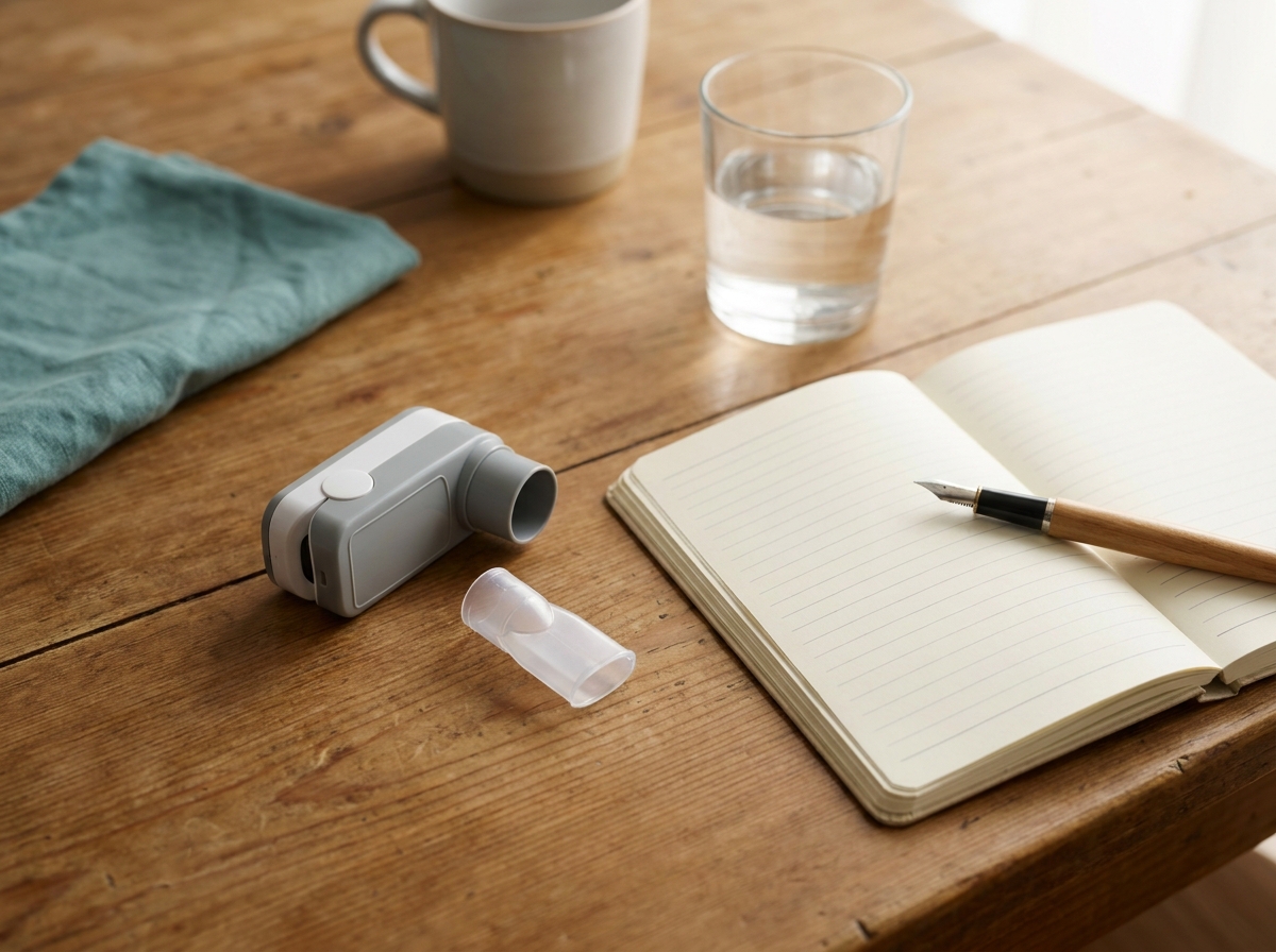 Spiromètre de domicile portable et carnet de suivi ouvert sur une table en bois avec verre d'eau et stylo, ambiance matinale douce