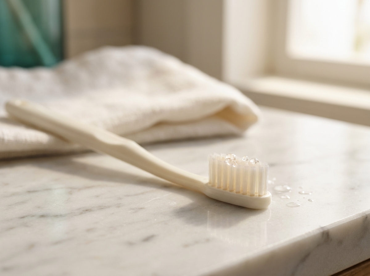 Gros plan d'une brosse à dents manuelle à poils souples posée inclinée sur un plan en marbre blanc, gouttelettes d'eau visibles sur la tête