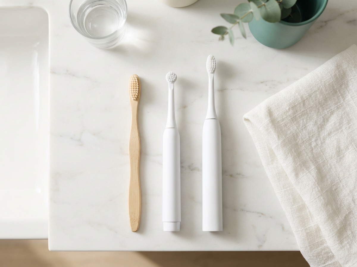 Trois brosses à dents alignées sur un plan en marbre — une manuelle à poils souples, une brosse électrique oscillo-rotative avec tête ronde, et une brosse sonique à tête allongée