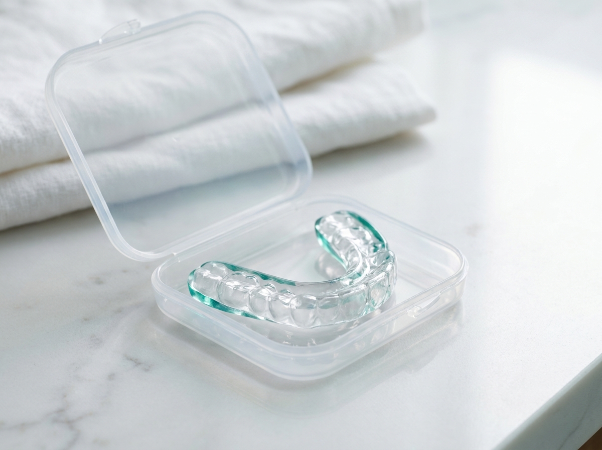 Gros plan d'une gouttière occlusale rigide transparente posée dans son étui plastique ouvert sur un plan de marbre clair, dans une lumière naturelle douce