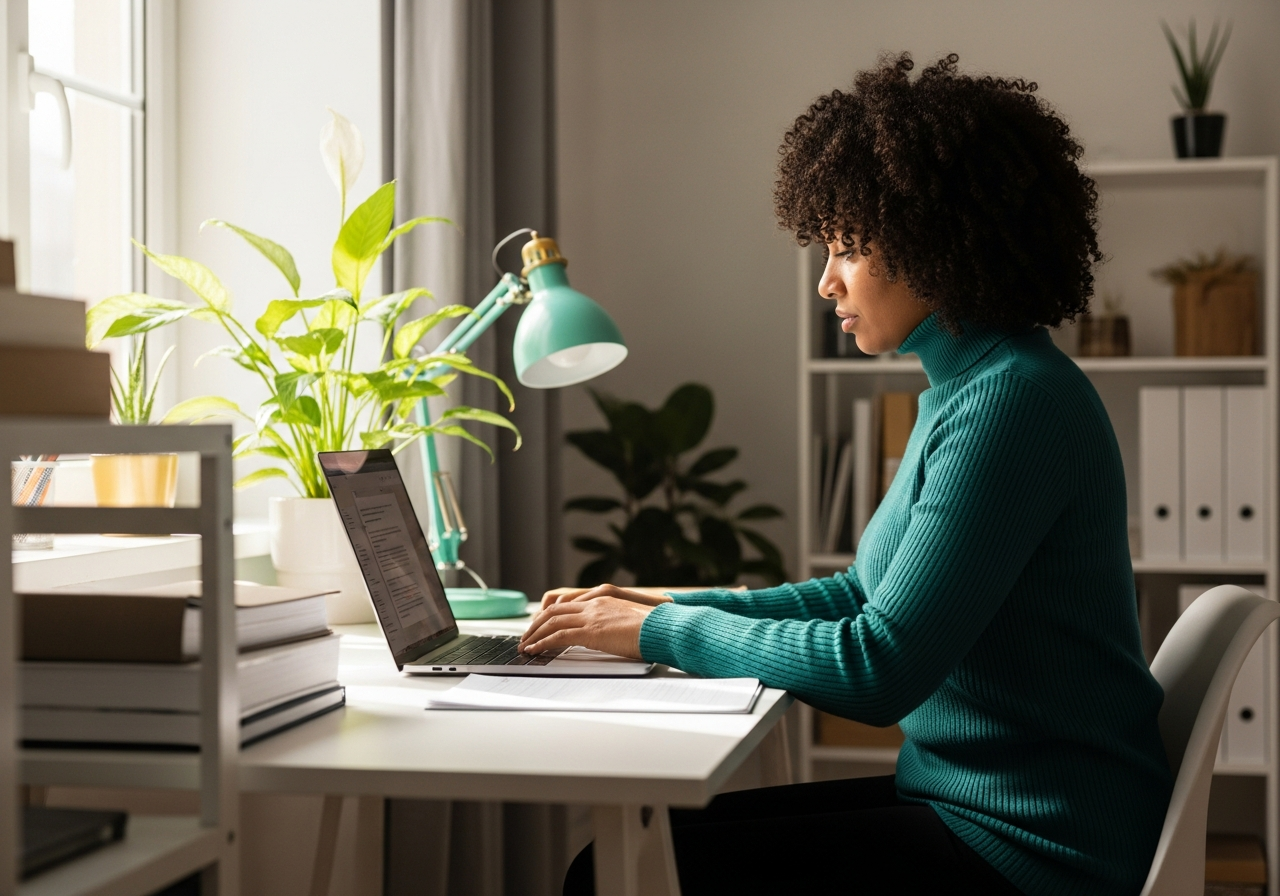 Adulte travaillant calmement dans un bureau lumineux, plante verte, organisation apaisée évoquant une reprise aménagée