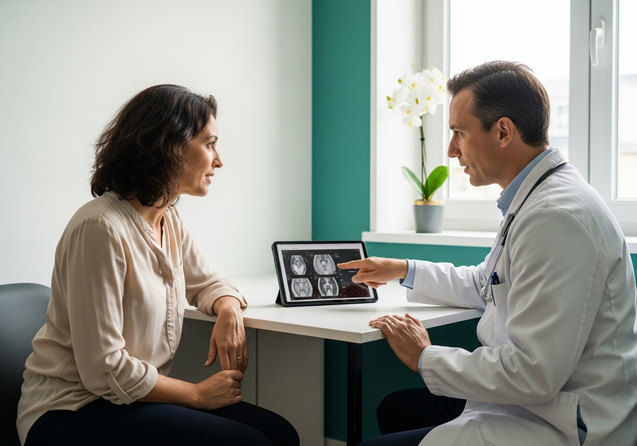 Femme en consultation avec son médecin qui commente les résultats de son bilan sénologique sur une tablette