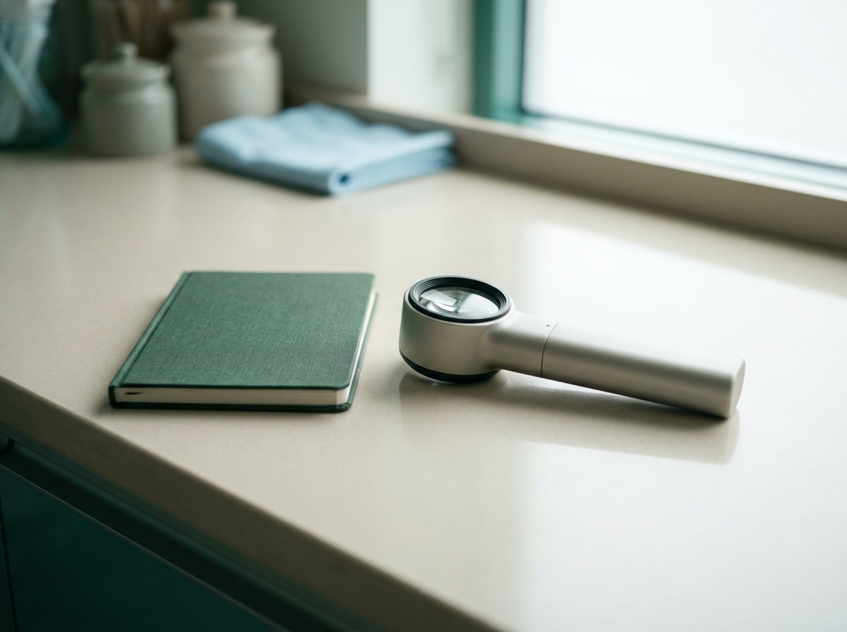 Vue rapprochée d'un dermatoscope de poche posé à côté d'un carnet médical fermé sur un plan de travail clair de cabinet, lumière naturelle douce, aucune personne visible