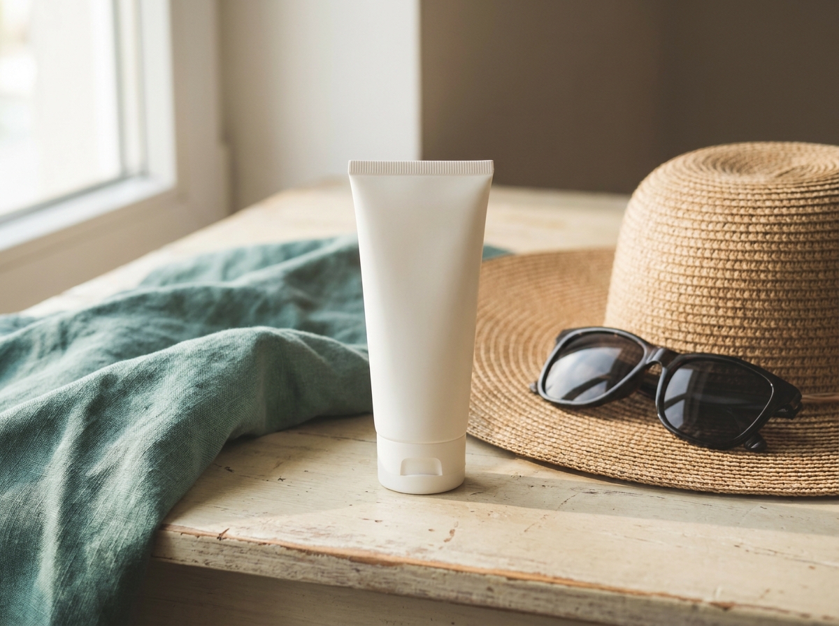 Vue rapprochée d'un tube de crème solaire générique, d'un chapeau de paille à bord large et d'une paire de lunettes de soleil sur une surface en bois clair, lumière naturelle douce, aucune personne visible