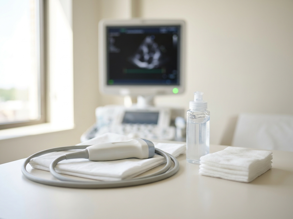 Cabinet d'échocardiographie : sonde d'écho posée sur le drap, écran moniteur en arrière-plan flou, flacon de gel échographique et compresses sur un plateau d'examen