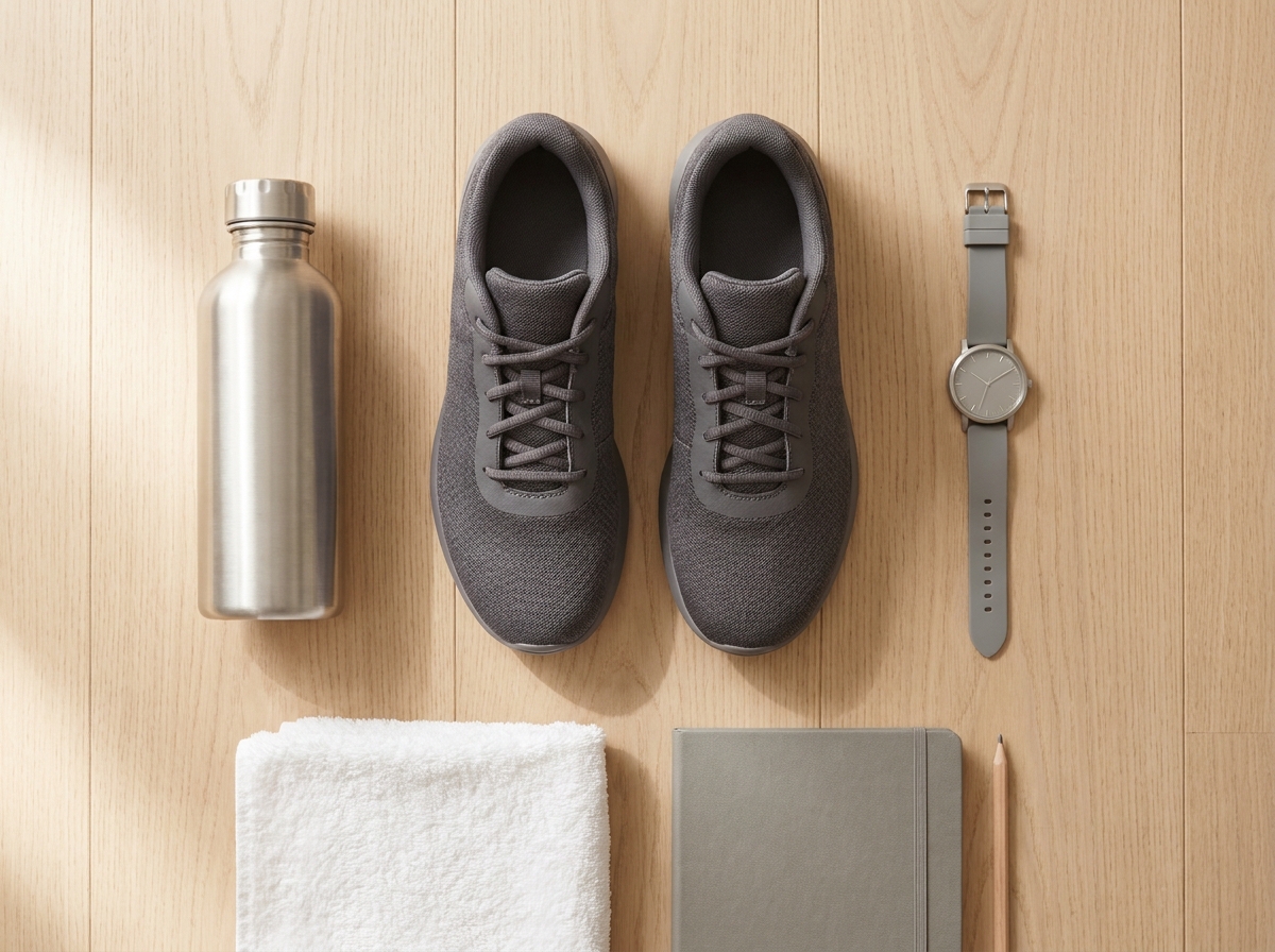 Composition still-life : paire de baskets posées au repos, montre de sport cardio-fréquencemètre, gourde inox, serviette pliée et carnet médical sur un parquet en bois clair