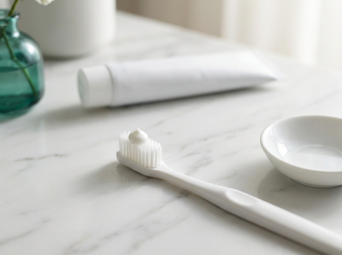 Gros plan d'une brosse à dents manuelle avec une noisette de dentifrice fluoré blanc posée sur un plan de salle de bain lumineux