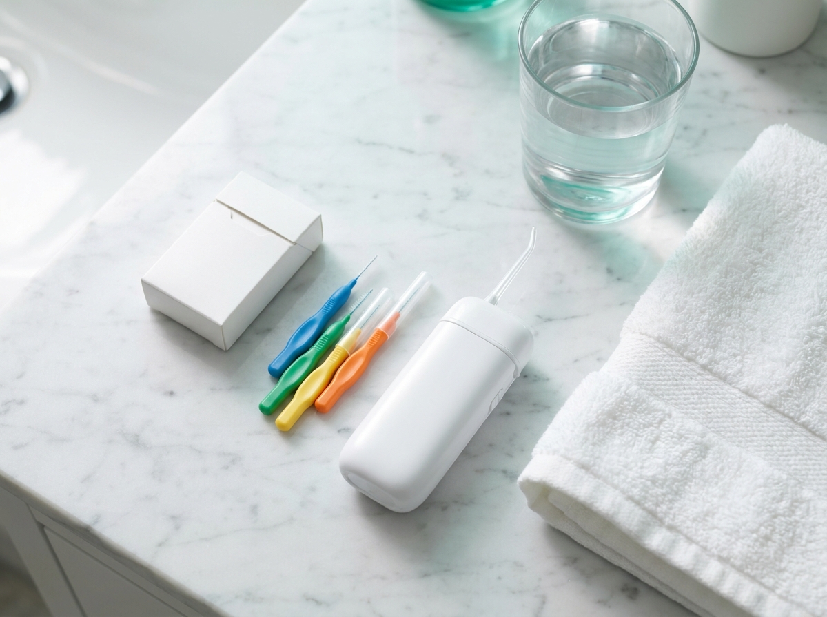Outils de nettoyage interdentaire — fil dentaire, brossettes de différents diamètres, hydropulseur portable — alignés sur un plan de salle de bain