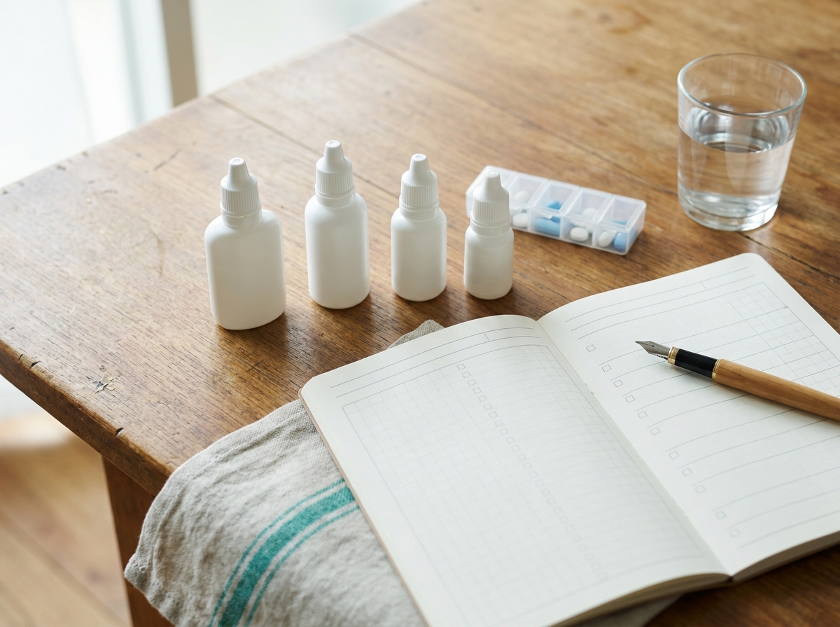 Boîtes de collyres post-opératoires (anti-inflammatoires, antibiotiques, AINS) rangées sur une table avec carnet d'administration et stylo — protocole des 4 semaines post-chirurgie
