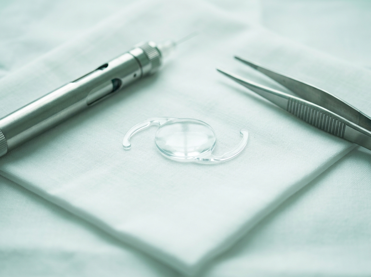 Implant intraoculaire monofocal transparent avec haptiques en forme de C posé sur un plan stérile à côté d'une pince chirurgicale — modèle d'illustration
