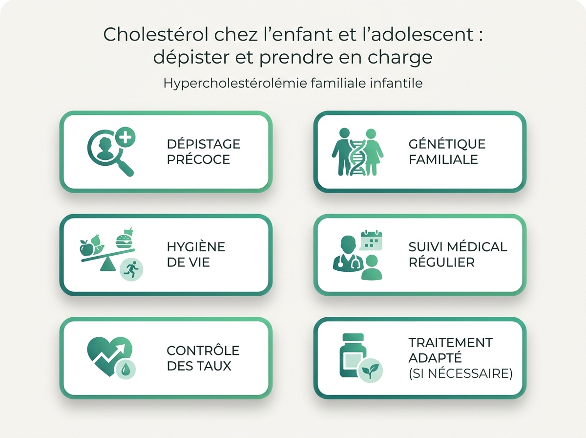 Infographie illustrant les points clés de la section « Hypercholestérolémie familiale infantile »