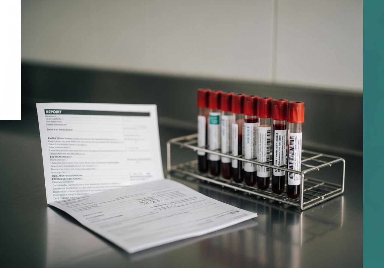 Tubes de prélèvement sanguin et compte-rendu de bilan lipidique posés sur une paillasse de laboratoire